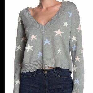 Wild Honey Super cute Cropped Star Distressed Sweater Size S Gray and Pink